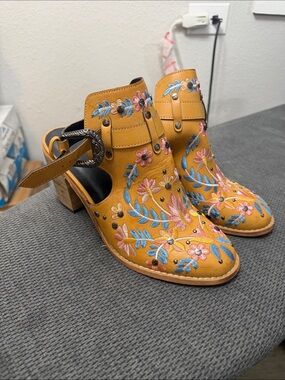 Embroidered Mustard Floral Cutout Heels